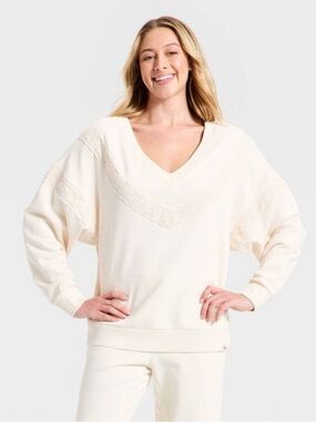 JoyLab Cream V-Neck Lace-Trim Pullover Sweater
